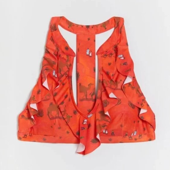 ⭐️ Camel Sands Desert Ruffled Boho Peasant Hipster Hippie Deco Farm Bikini Top - Picture 1 of 4